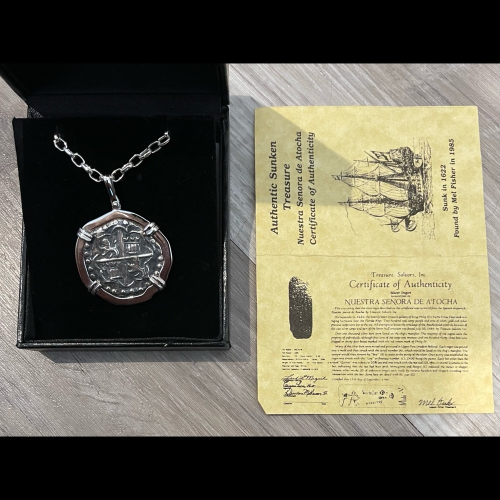Nuestra Senora De Atocha coin. Sterling Silver coin & chain. New never worn.